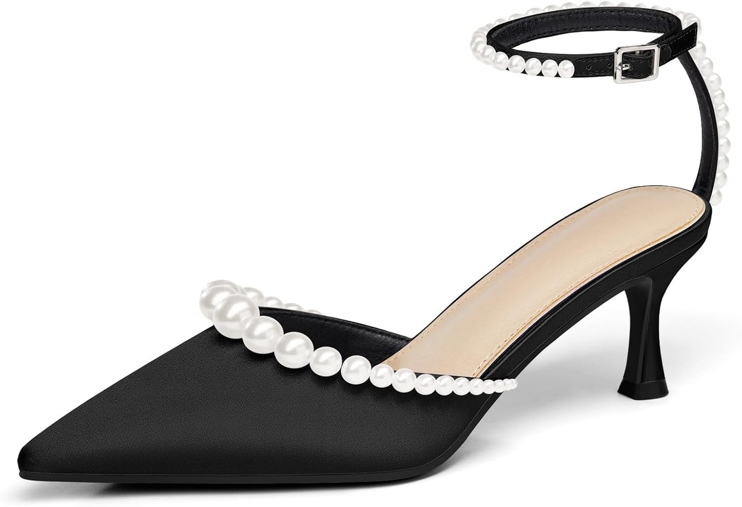 Coutgo Womens Pearl Kitten Heels Closed Pointed Toe Wedding Shoes