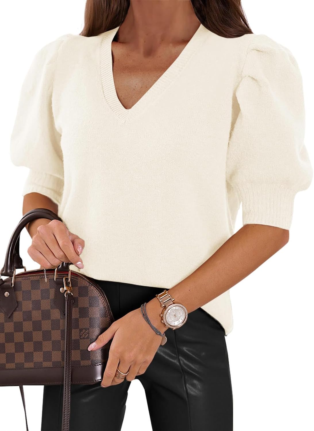 Womens Puff Short Sleeve Sweater Tops for Trendy Casual Style