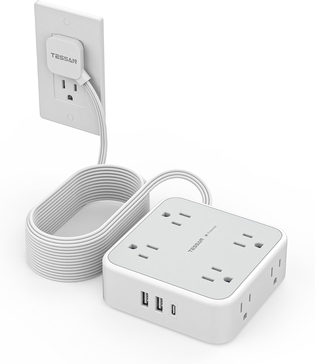 Flat Plug 20 FT Long Extension Cord with 8 AC Outlets and USB