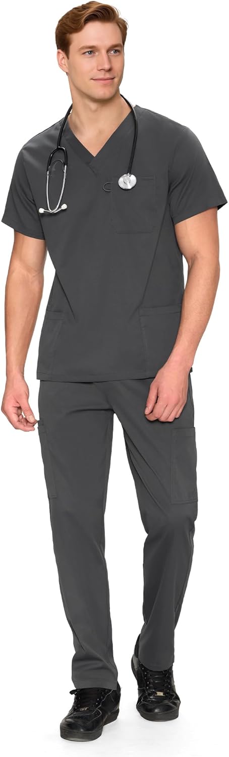 COZYFIT Men's Scrubs Set with V-Neck Top and 11 Pockets