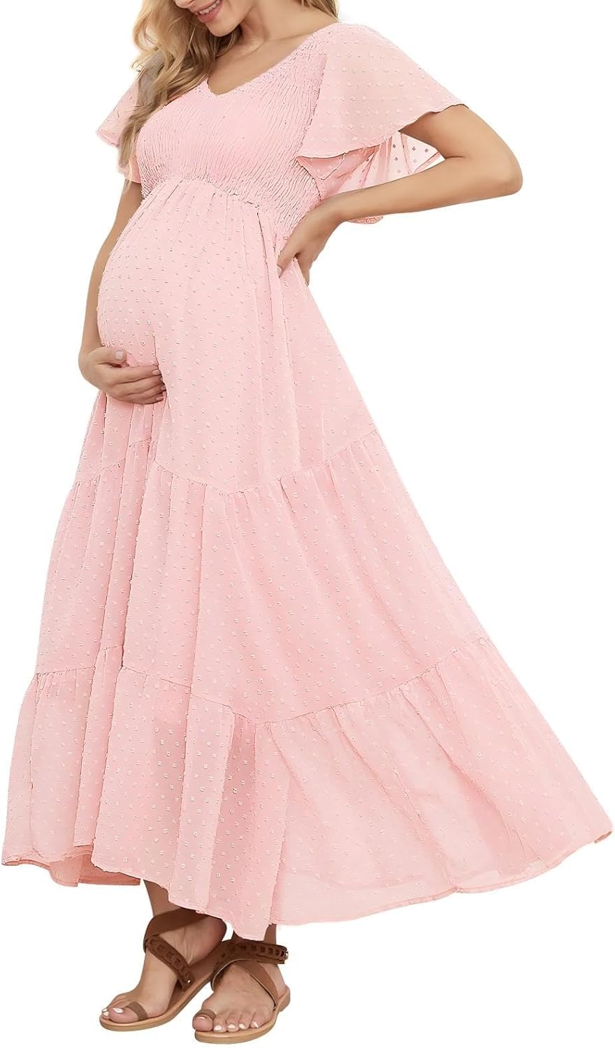 Elegant Swiss Dot Smocked Maternity Dress for Baby Showers