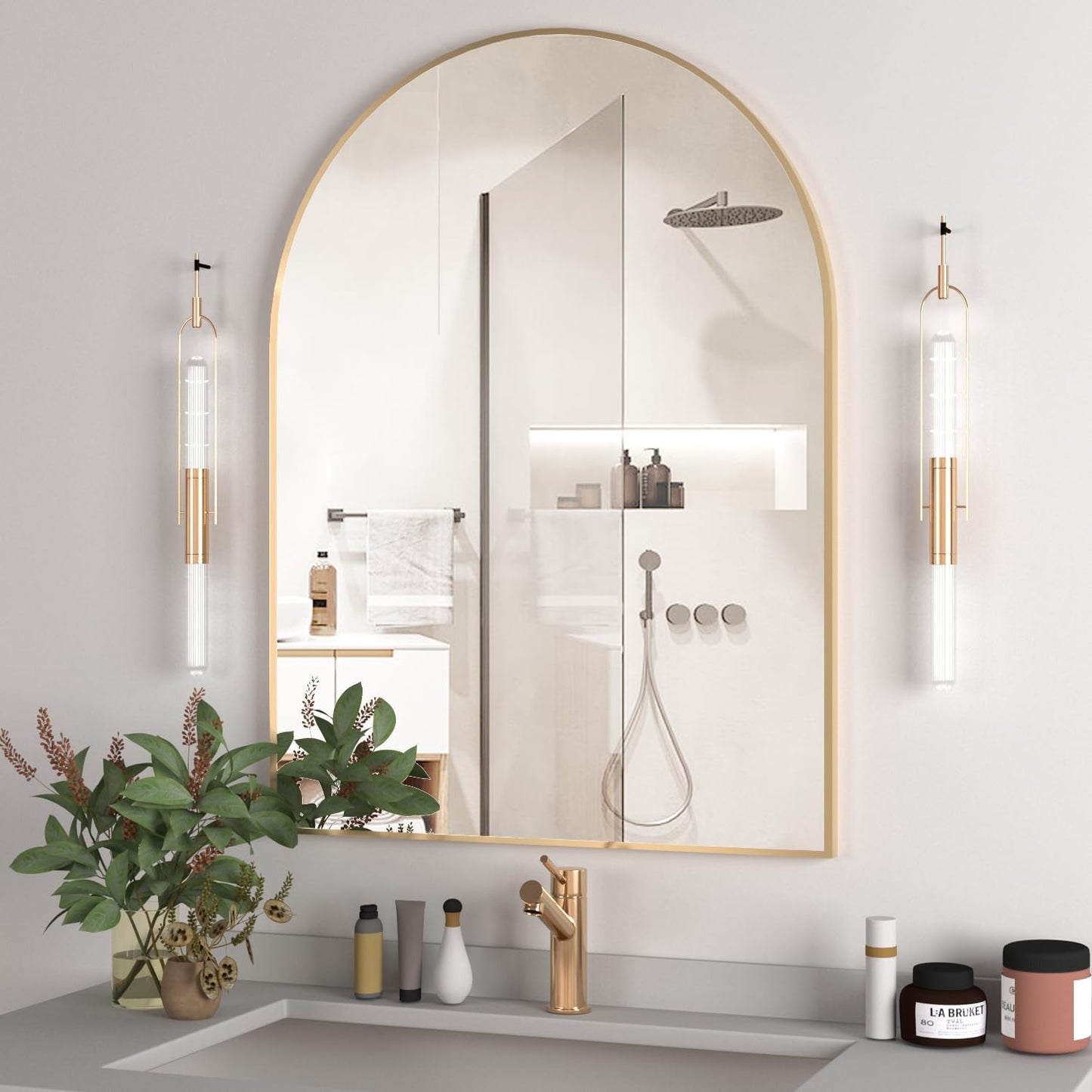 Arched Wall Mirror for Bathroom, 30x40 Gold Vanity Decor
