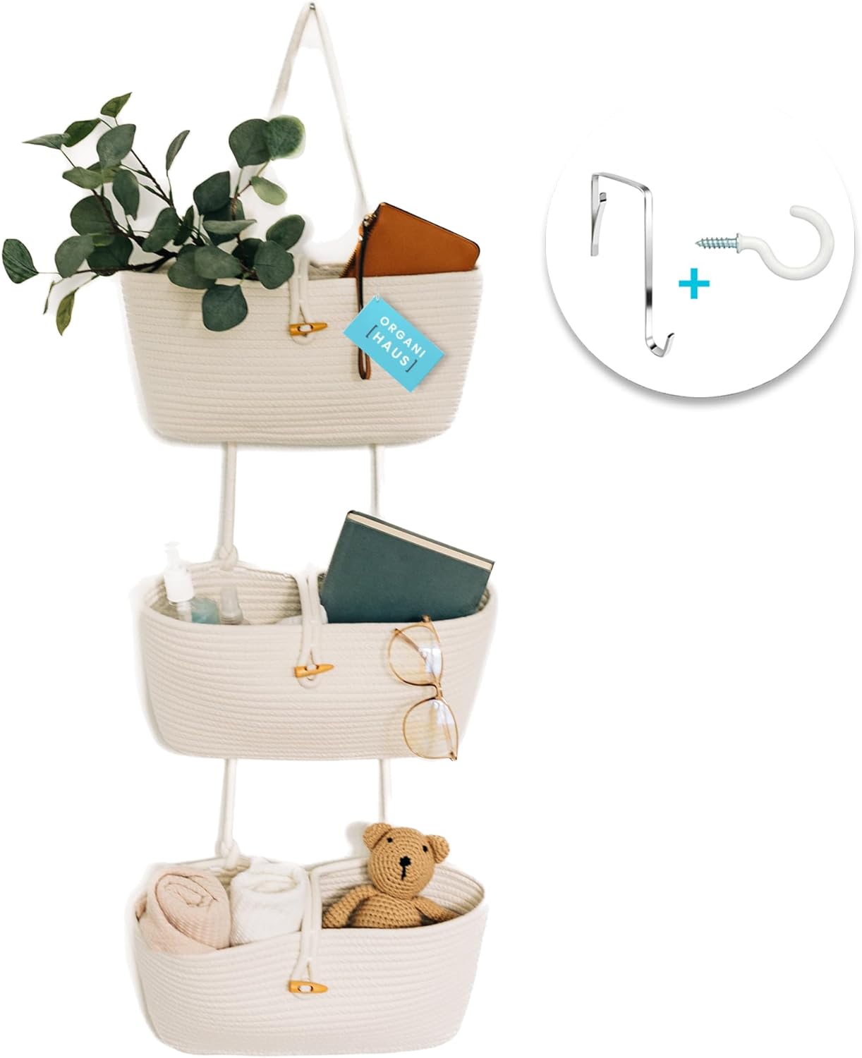 OrganiHaus White 3-Tier Wall Hanging Baskets for Storage