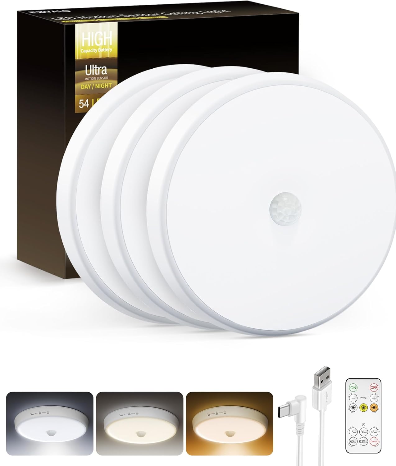 Motion Sensor Light Indoor, 3-Pack, Rechargeable & Dimmable
