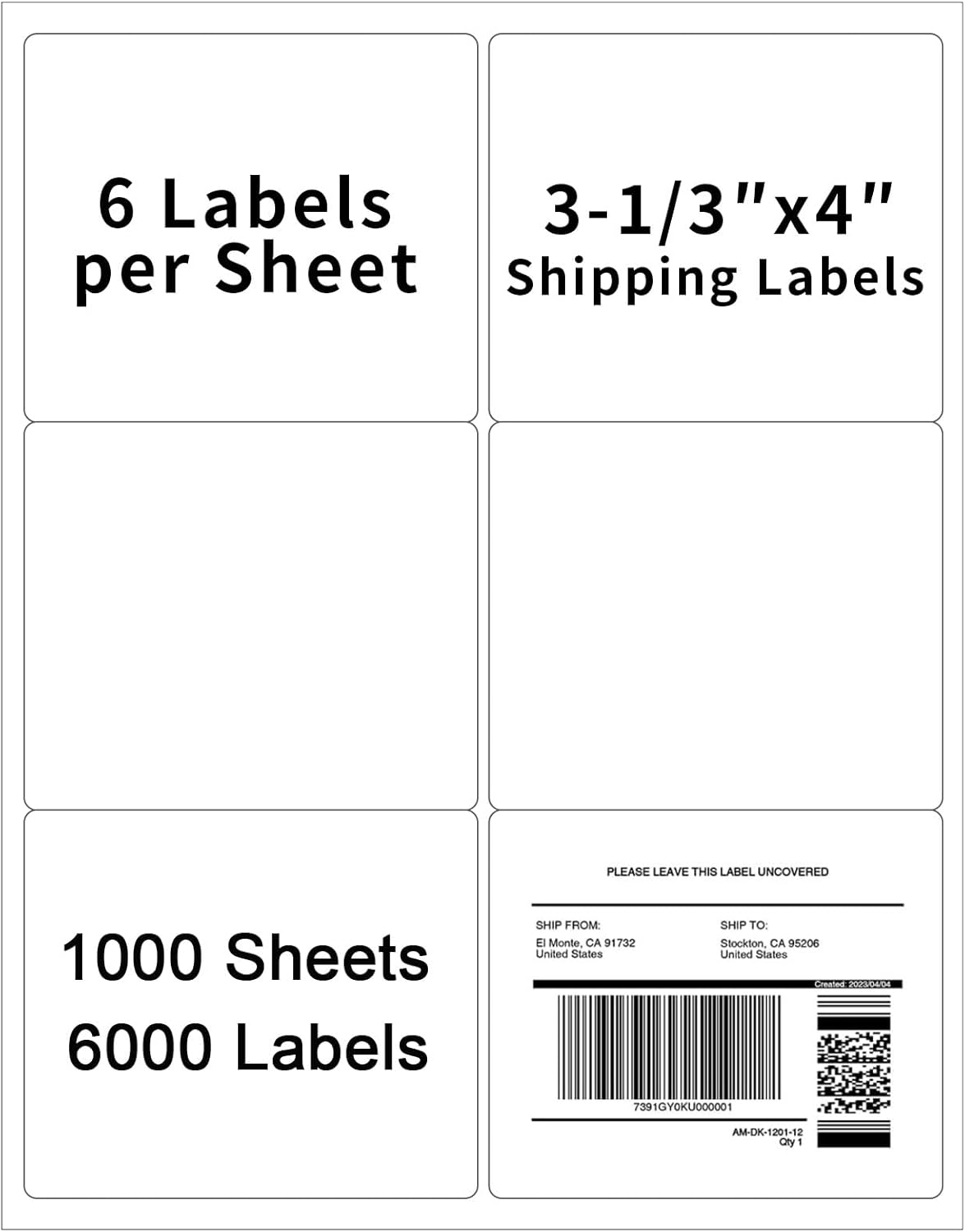 1000 Sheets 6 UP Shipping Labels - Easy Print & Stick!