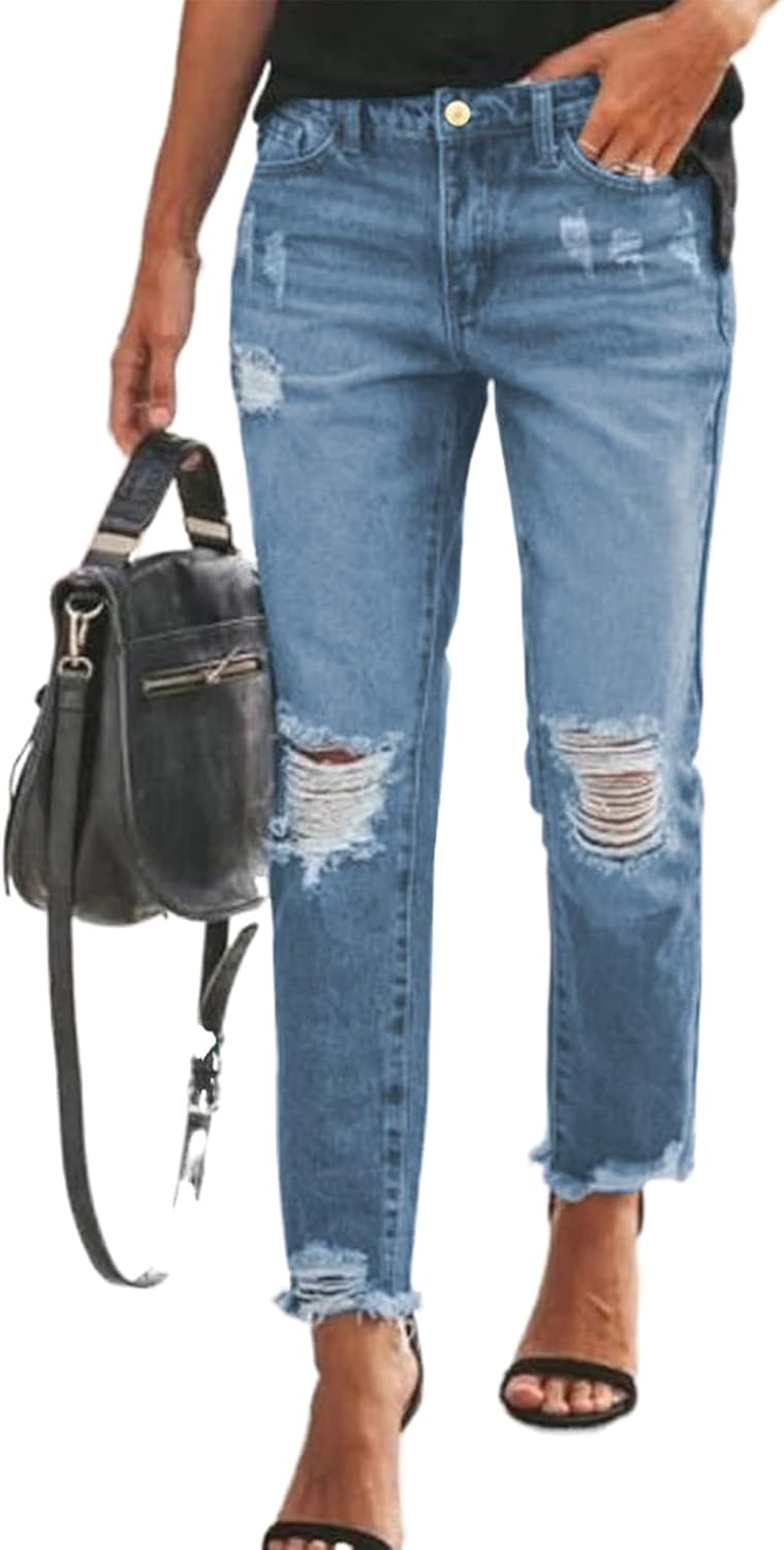 Stylish Women's Boyfriend Jeans with Ripped Distressed Design