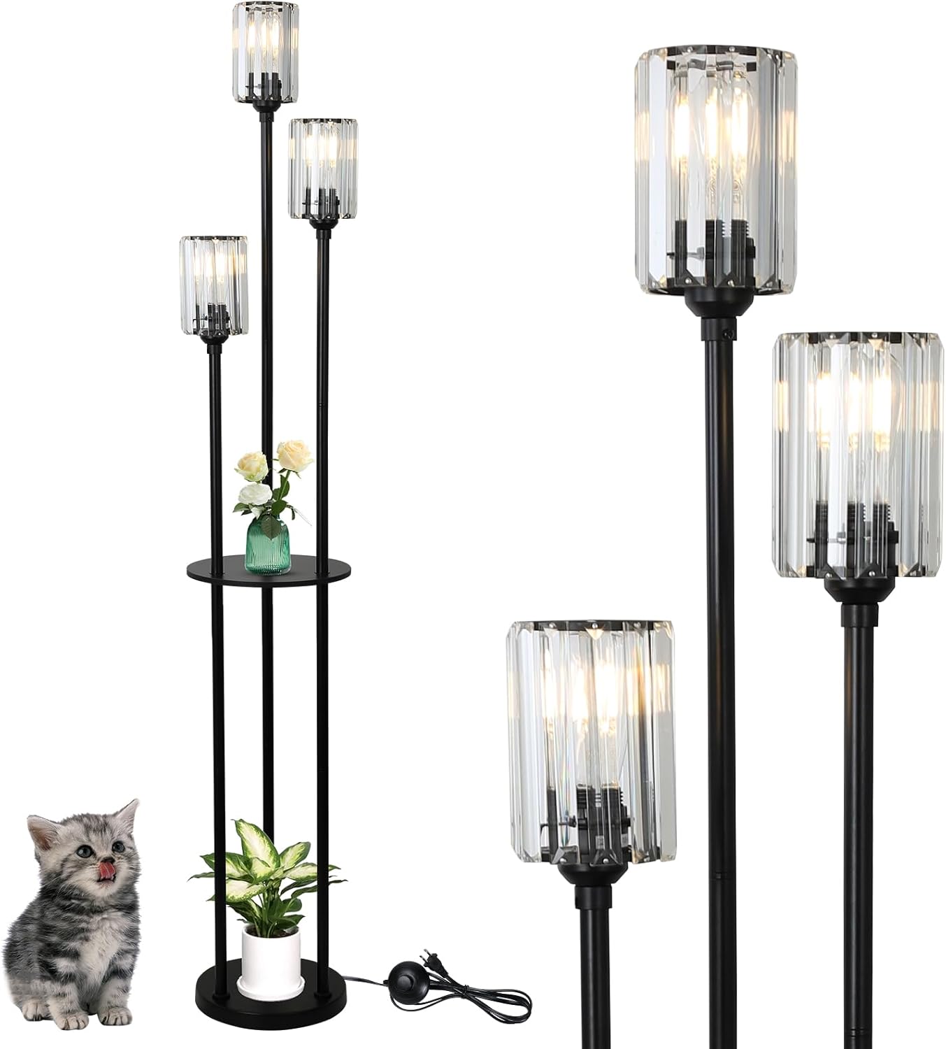 HMVPL Crystal Floor Lamp with Shelves for Modern Living Rooms