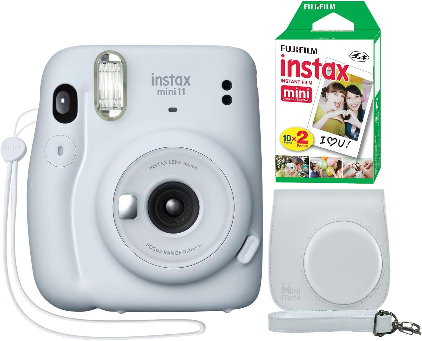Fujifilm Instax Mini 11 Camera Bundle: Ice White + Custom Case + 20 Film Sheets