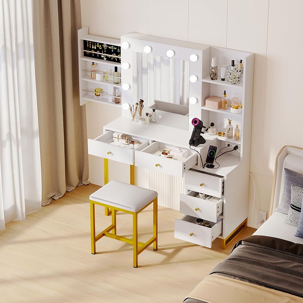 DWVO Vanity Desk with LED Mirror - Hidden Storage & Power