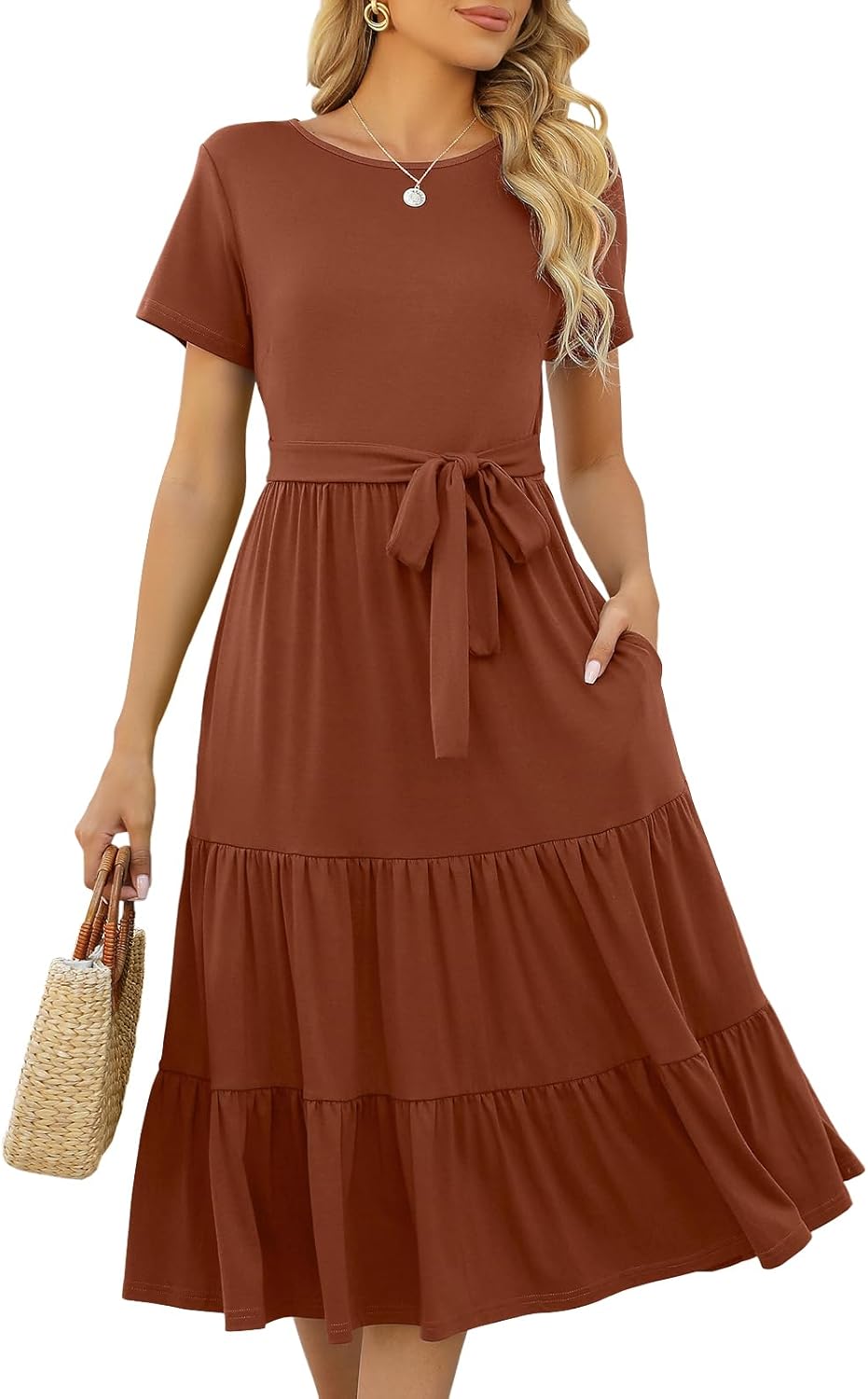 Lyrur Women's Casual Summer Tiered Midi Dress with Pockets
