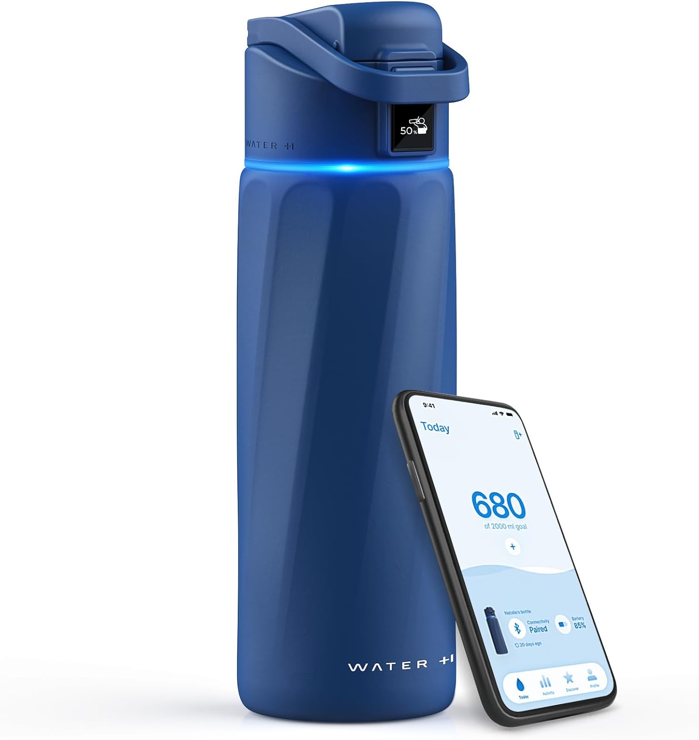 24oz Smart Water Bottle with Drink Reminder, BPA-Free Stainless Steel, Wide Mouth, Blue