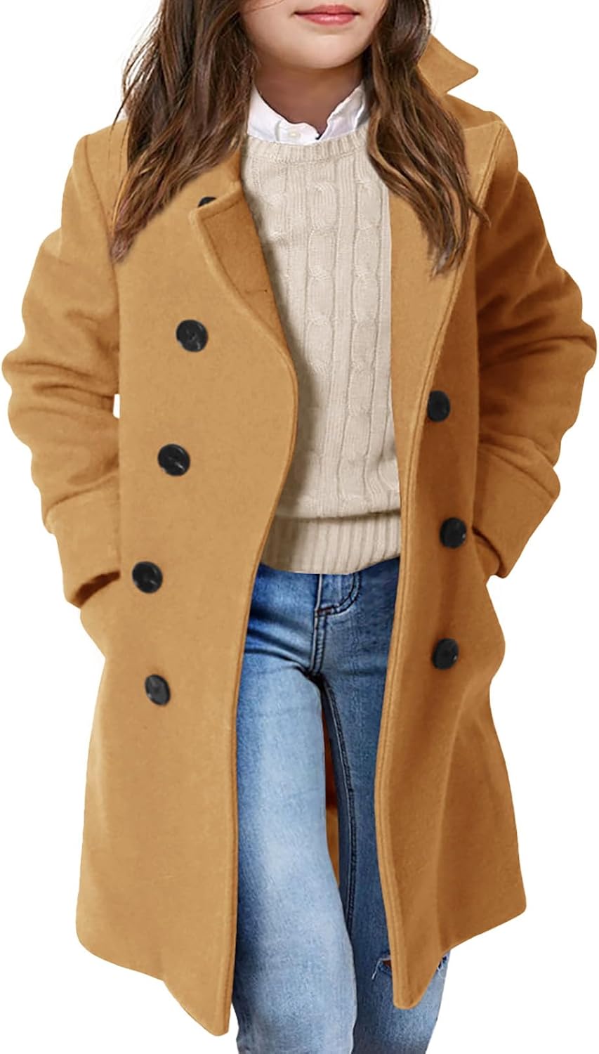 Haloumoning Girls Double Breasted Trench Coat for Kids 5-14 Years