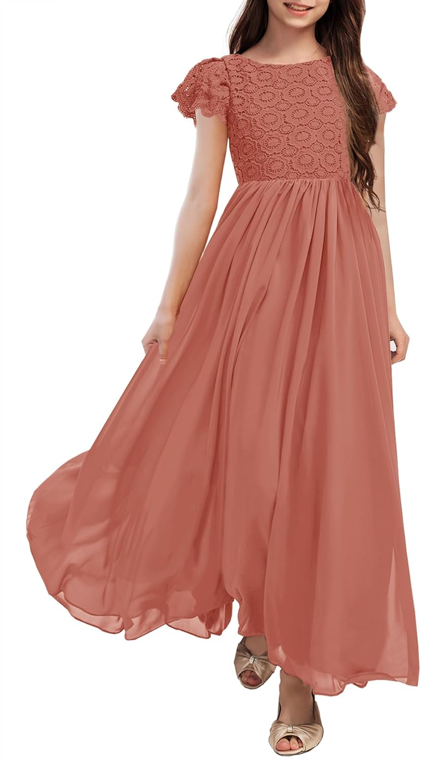 HOSIKA Girls Vintage Chiffon Ruffle Sleeve A-Line Maxi Dress