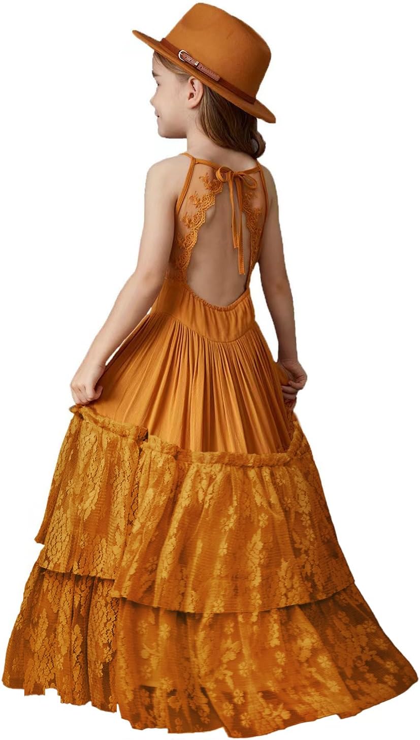 BIBIHOU Girls Lace Back Full-Length Tulle Party Dress