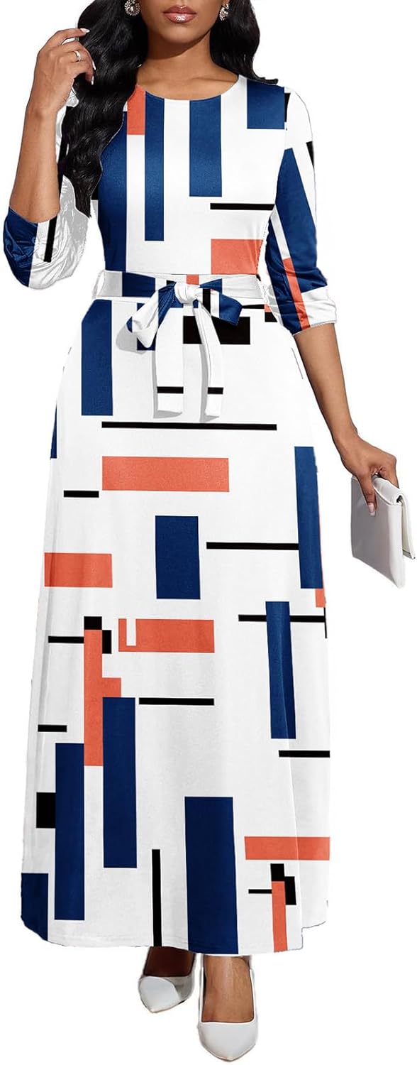 Long Dress for Women Casual Long Sleeve Maxi Dress with Belt