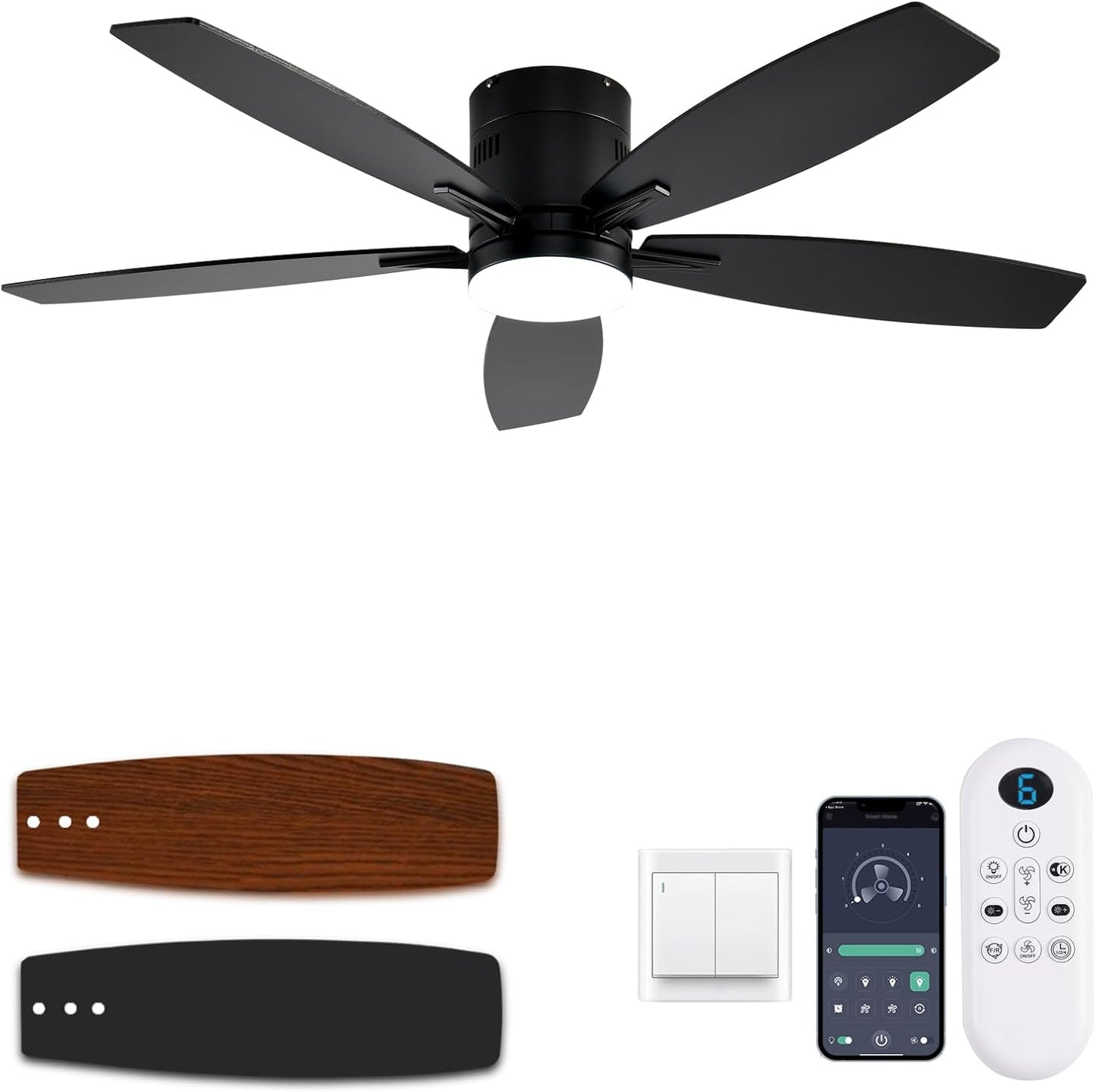 52 Inch Flush Mount Ceiling Fan with Light and Remote Control