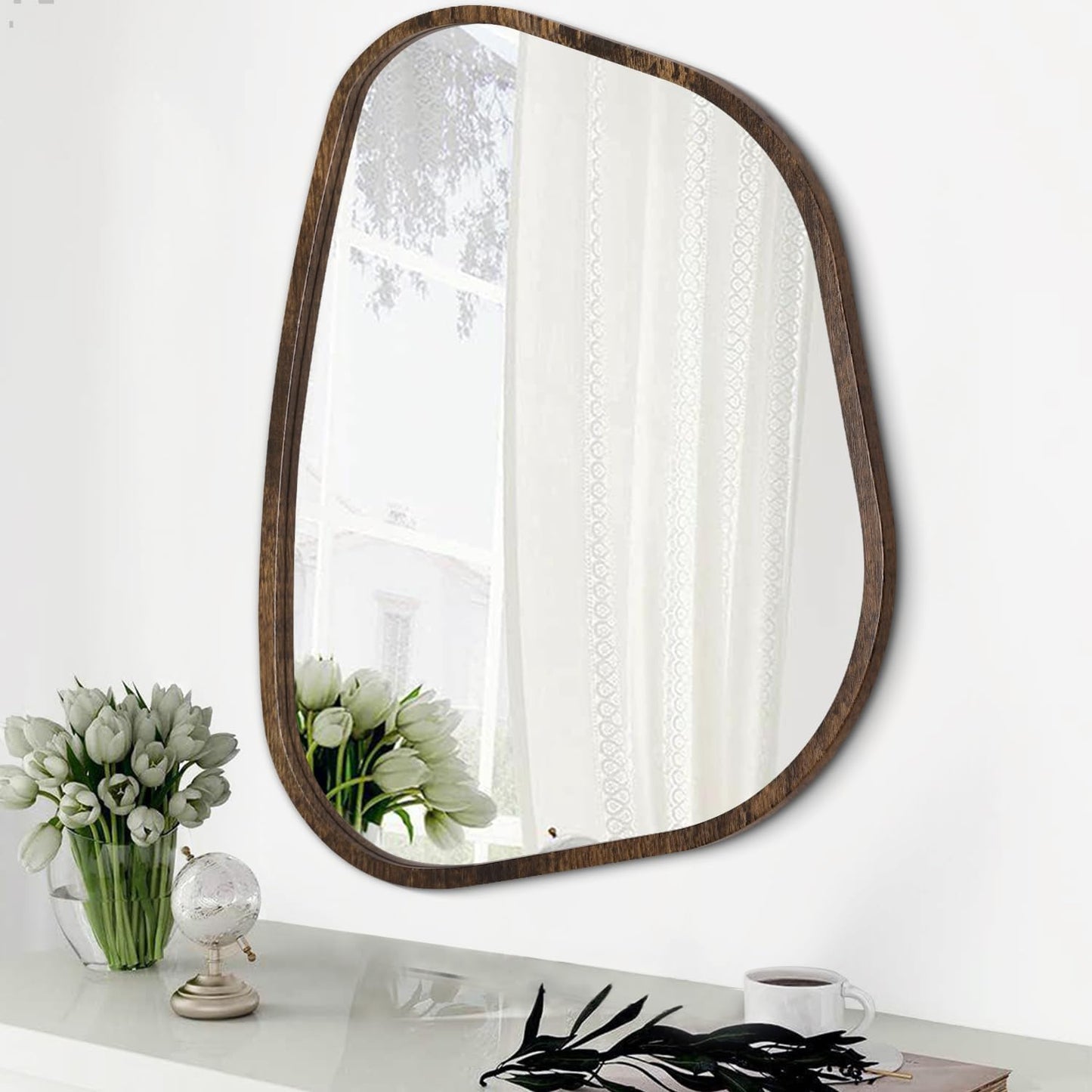 Asymmetrical Oval Wall Mirror with Unique Wood Frame Design