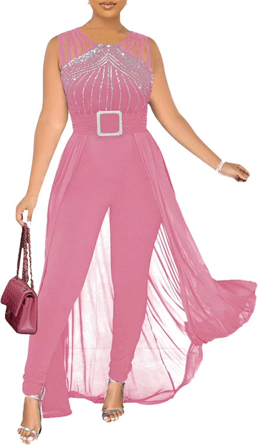 Chicyes Womens One Piece Elegant Overlay Jumpsuit for Parties