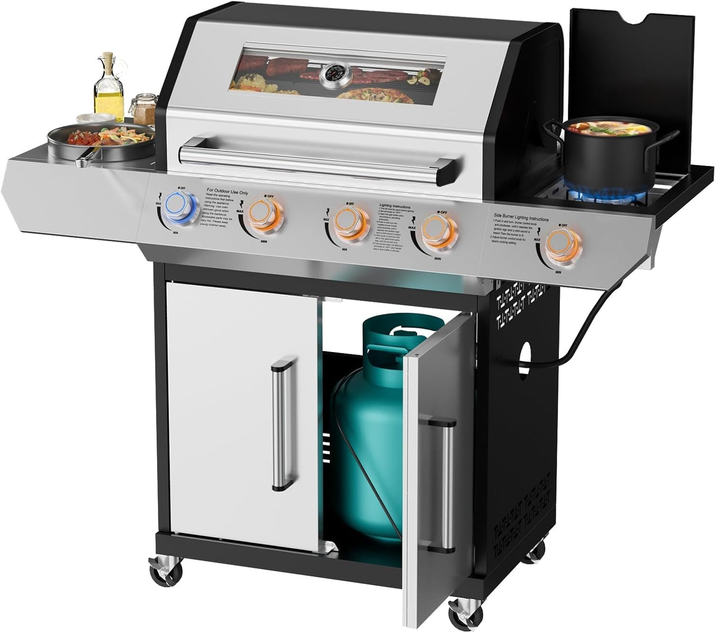 SKOK 4-Burner Gas BBQ Grill with LED Light and Glass Panel
