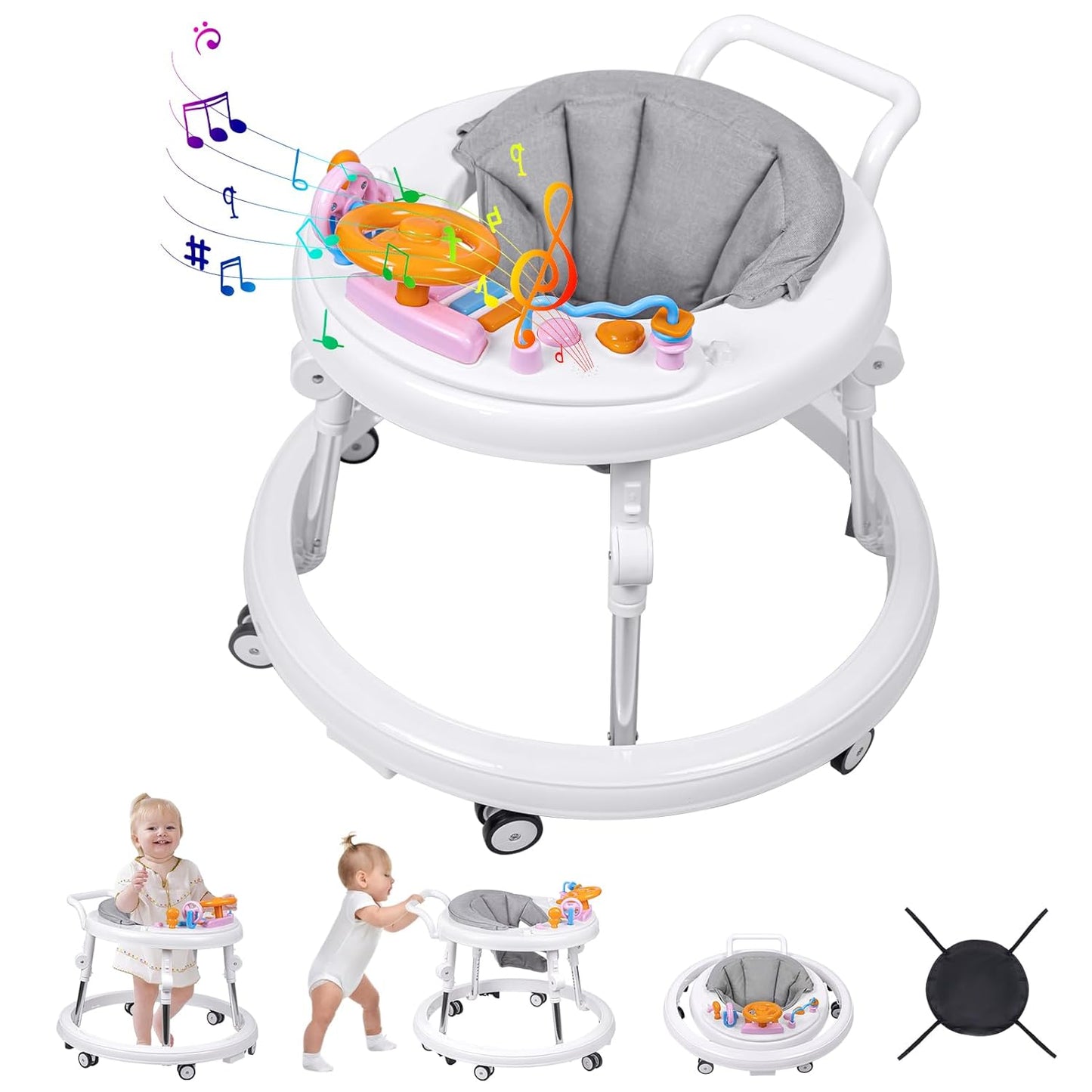 9-Gear Foldable Baby Walker with Music Disk - Anti-Fall & Adjustable Height