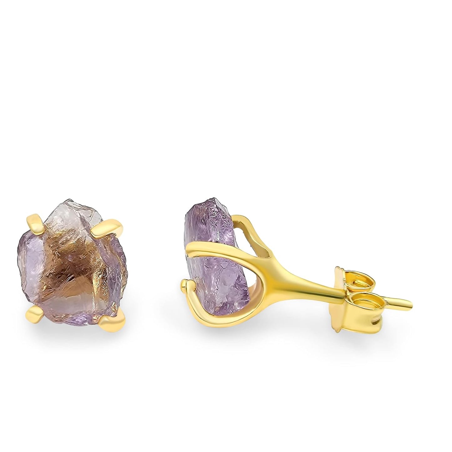 Natural Raw Ametrine Stud Earrings in Yellow Gold Over Silver