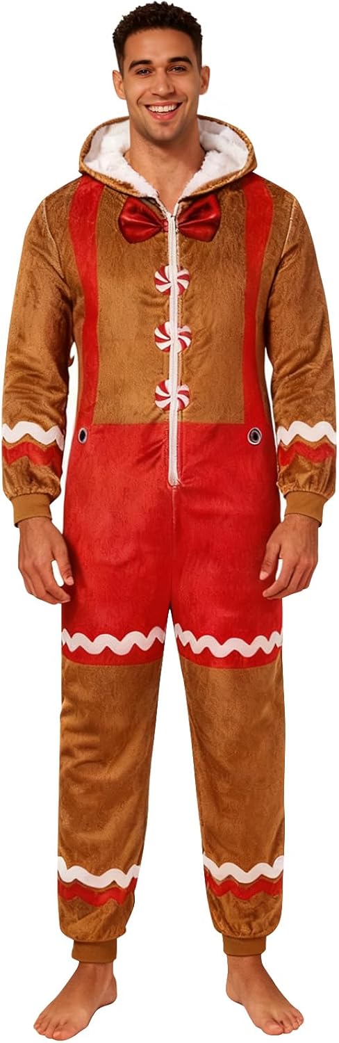 Christmas Onesie Pajamas for Men Hooded Flannel Zipper Pjs