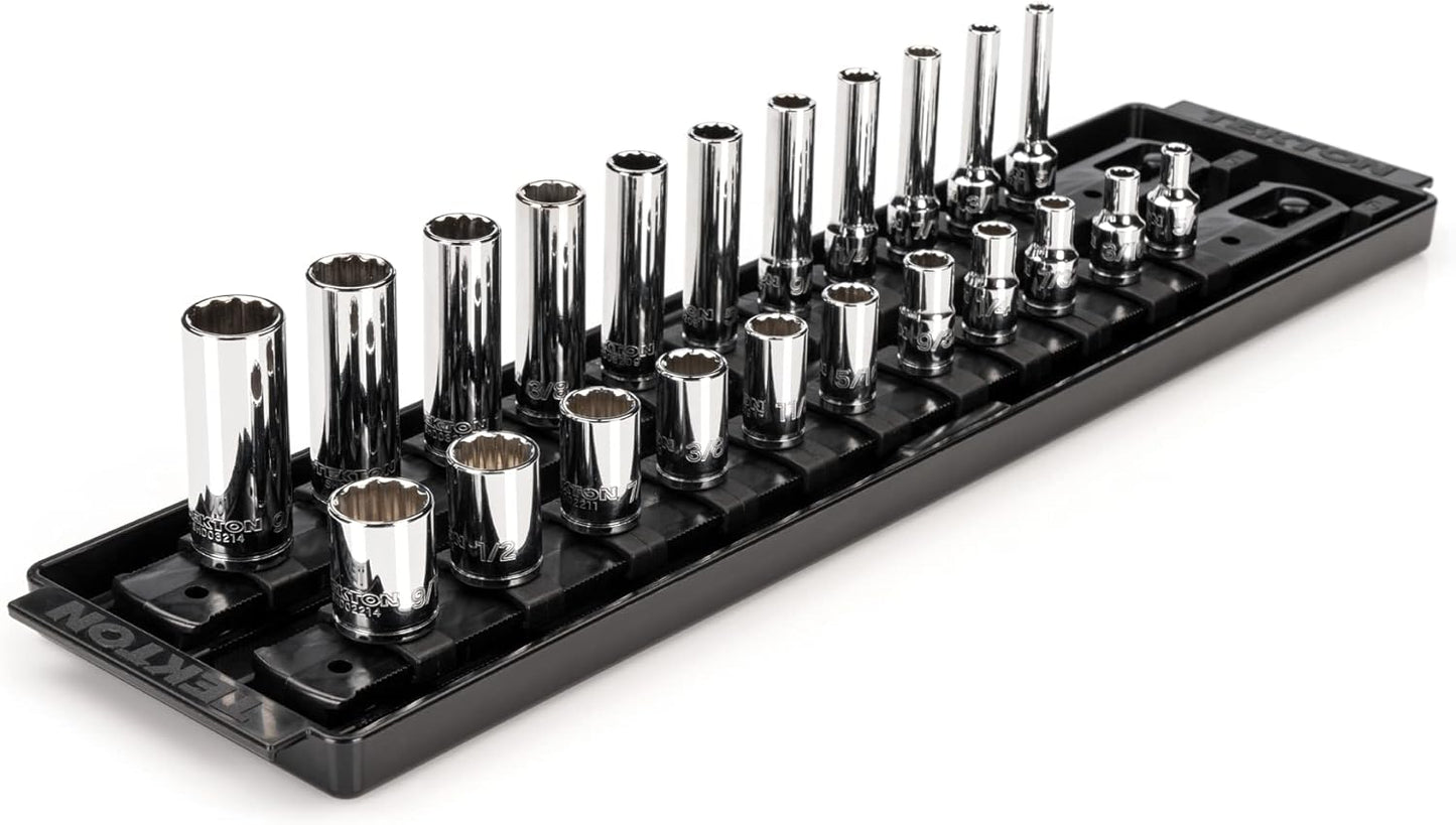 TEKTON 1/4 Inch Drive Socket Set - 22-Piece with Rails & Tray