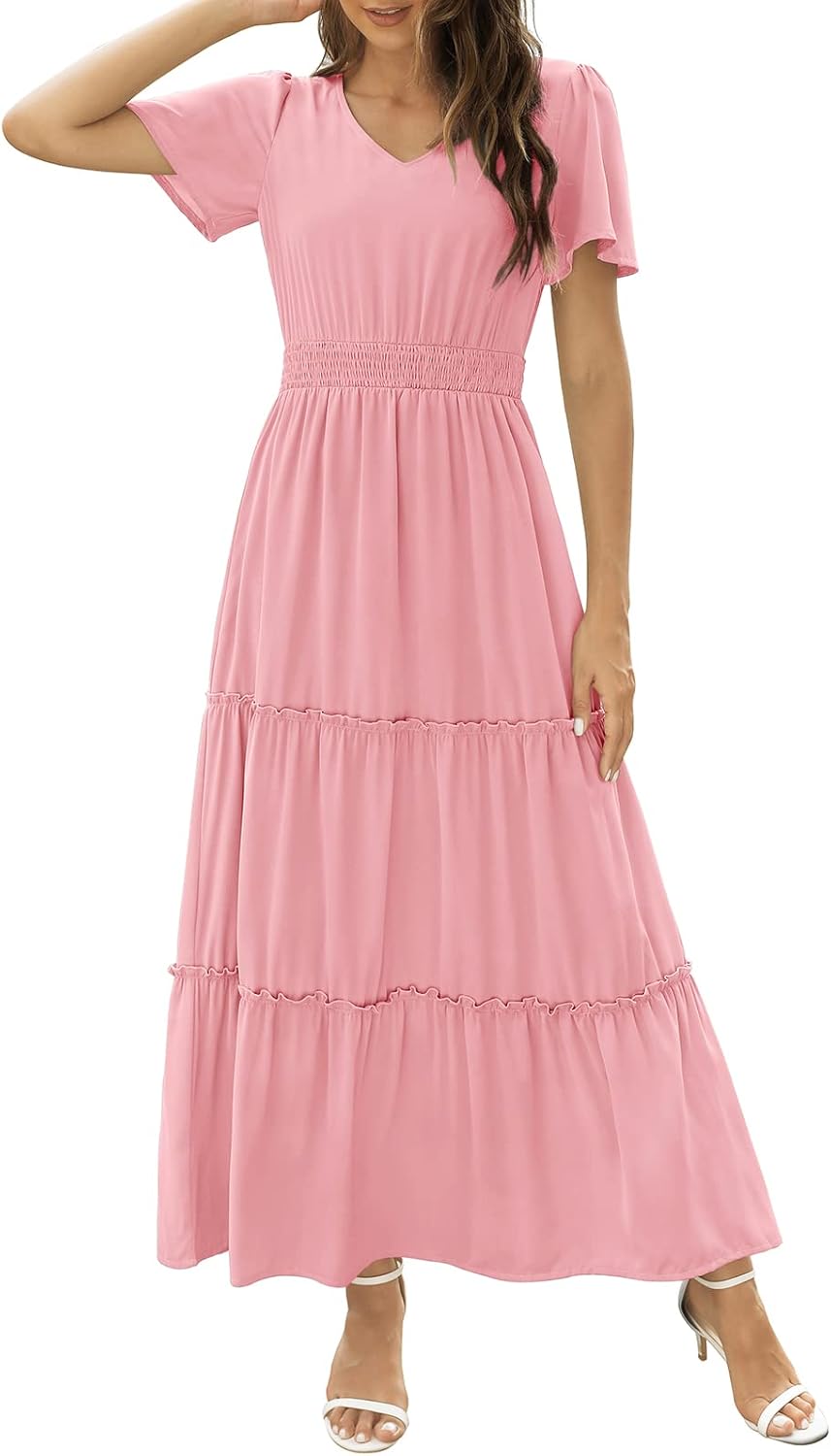 Zattcas Womens Long Summer Dress with Flutter Sleeves and V Neck