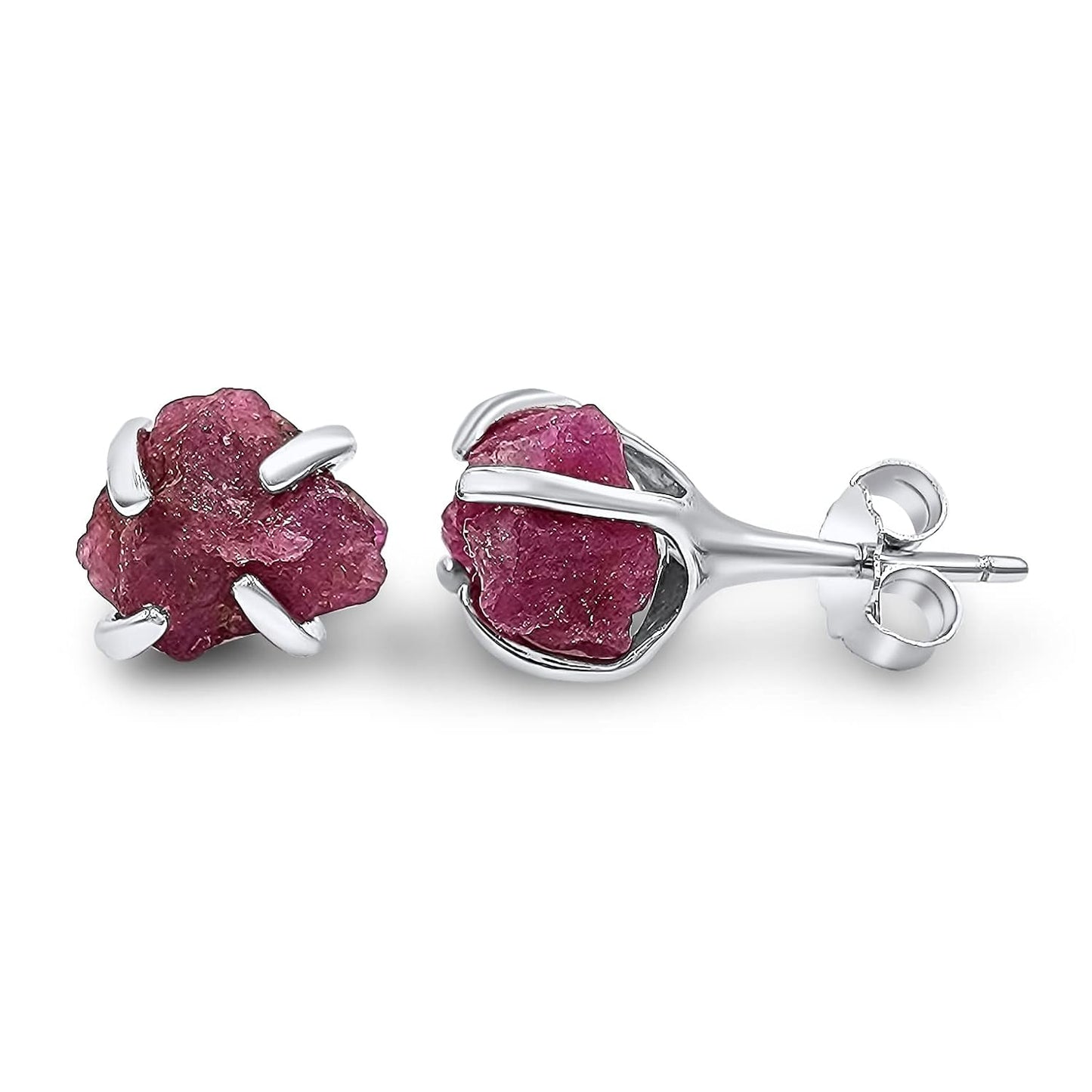 Natural Raw Pink Sapphire Gemstone Stud Earrings in White Gold