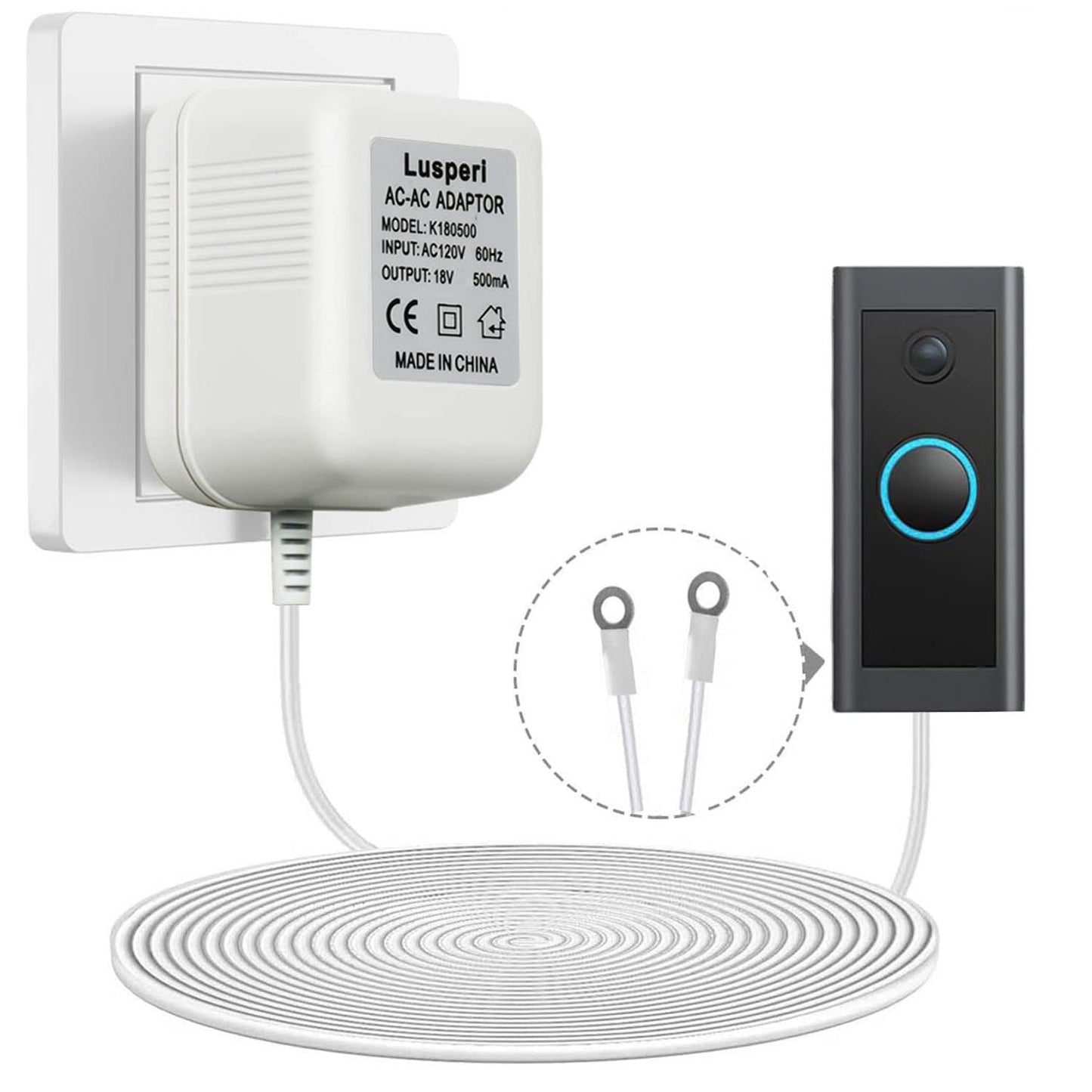 Extended Reach 19.7ft Cord Doorbell Transformer for Seamless Compatibility (White) by Lusperi