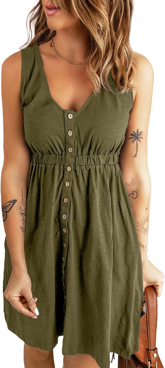 Acelitt Women Summer Casual Sleeveless Button Down Dresses