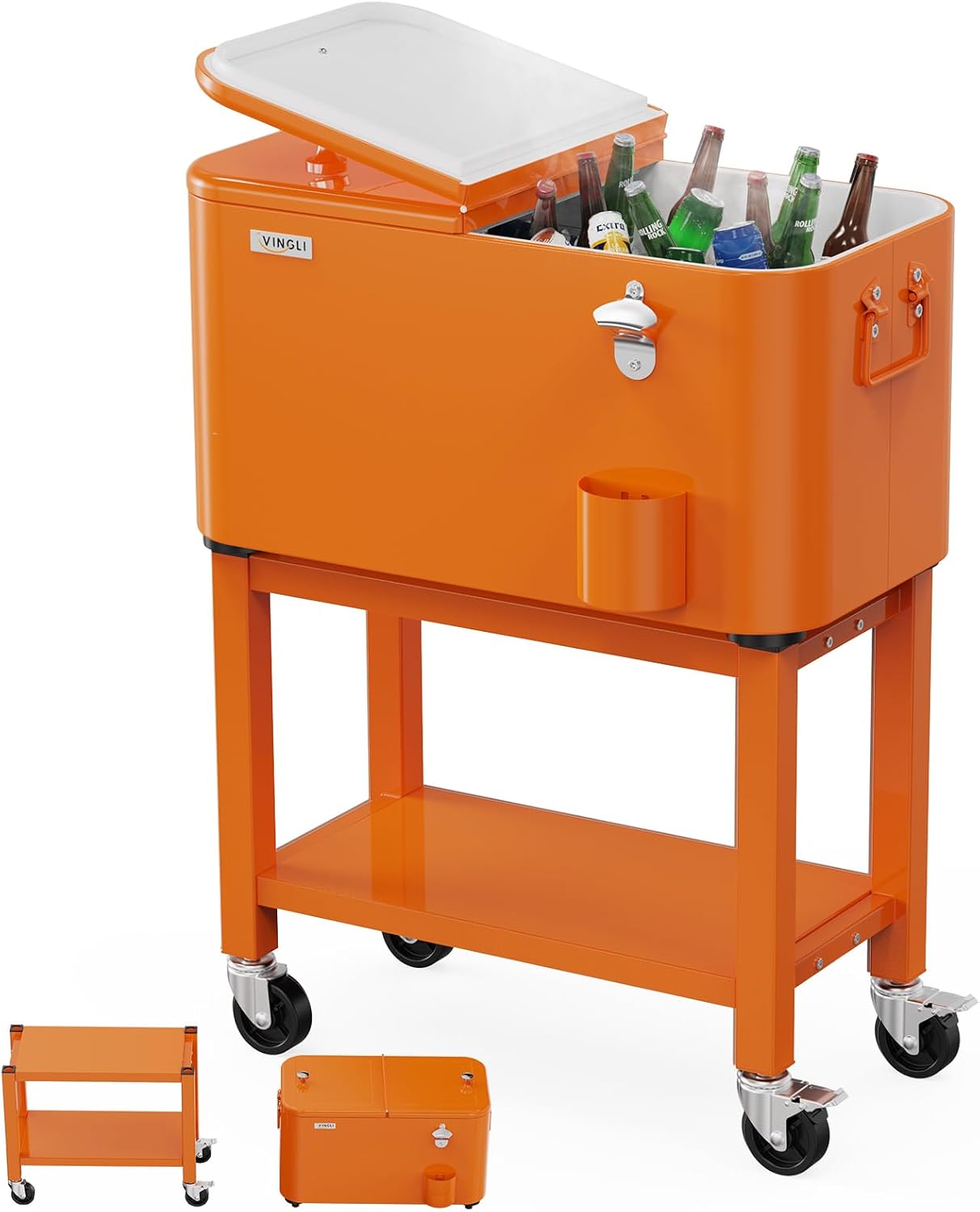 VINGLI Patio Cooler on Wheels - Portable 60 Quart Drink Cart
