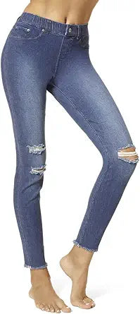 HUE Women's Ripped Knee Denim Leggings for Stylish Comfort