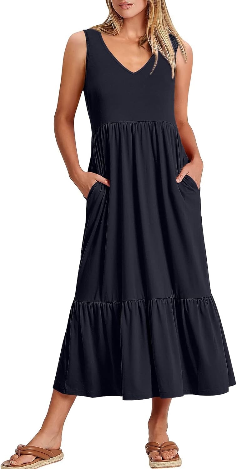 Womens Summer Maxi Dresses Fit & Flare Flowy V Neck Sleeveless