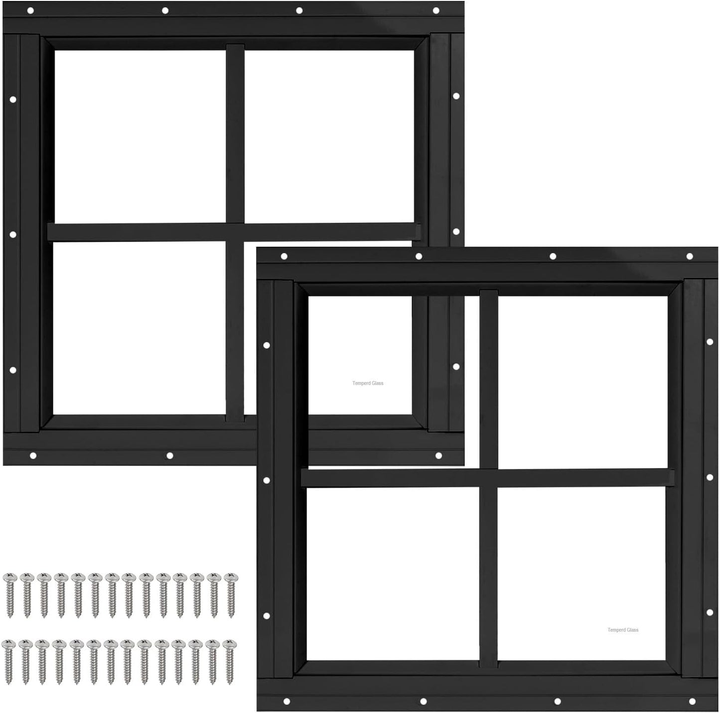 2 Pack 12 in x 12 in Black Shed Window with Tempered Glass