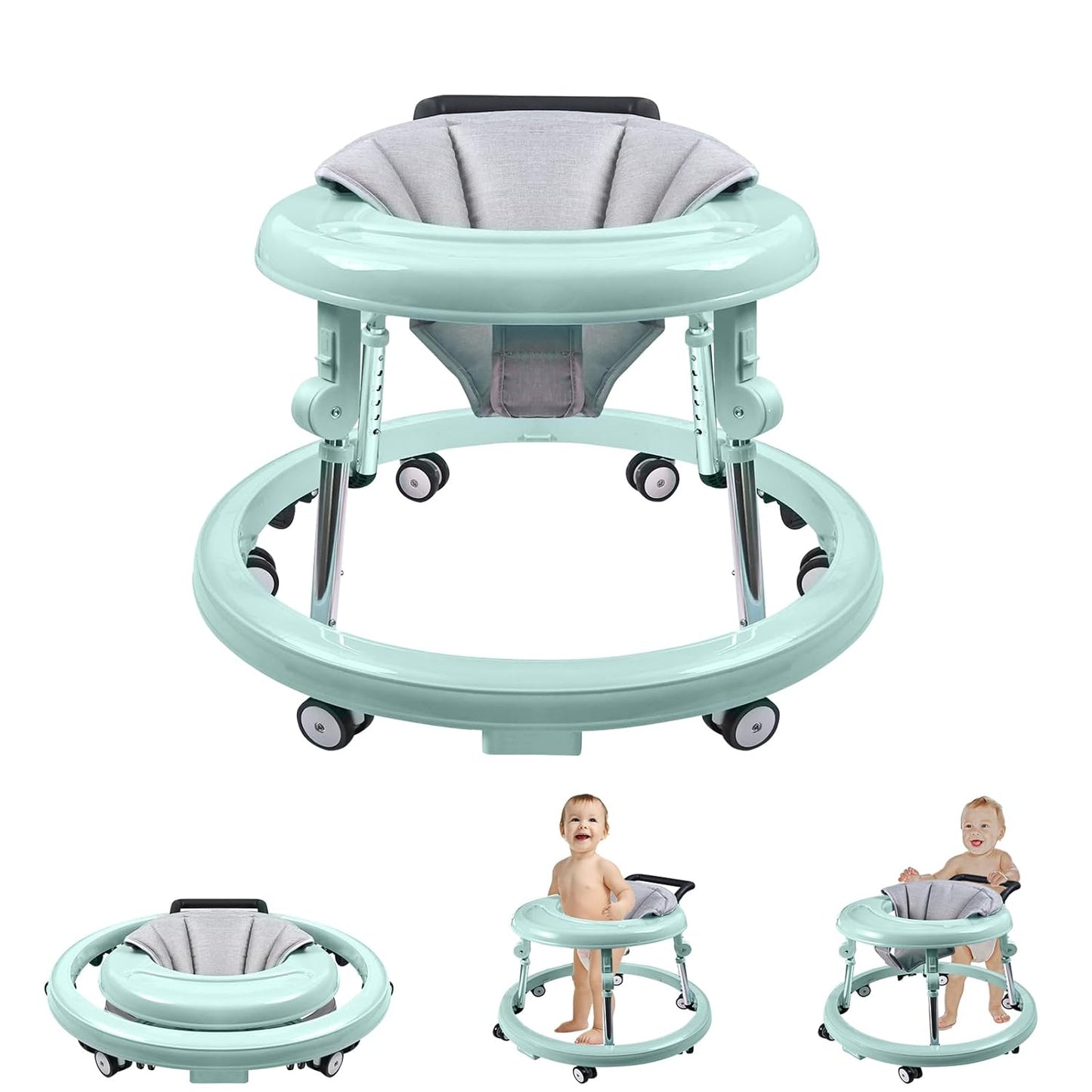 Qizhi-Bear Foldable Baby Walker: Safe Mute Wheels, Adjustable Height
