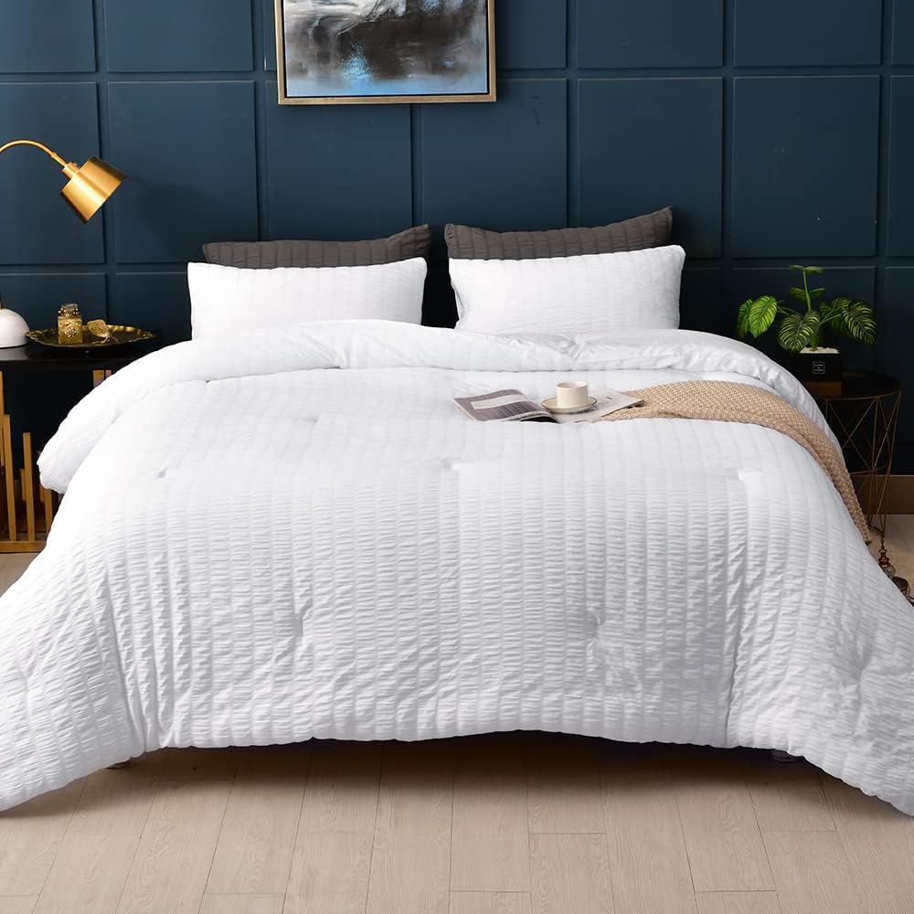 AveLom Seersucker White Comforter Set Full for All Seasons
