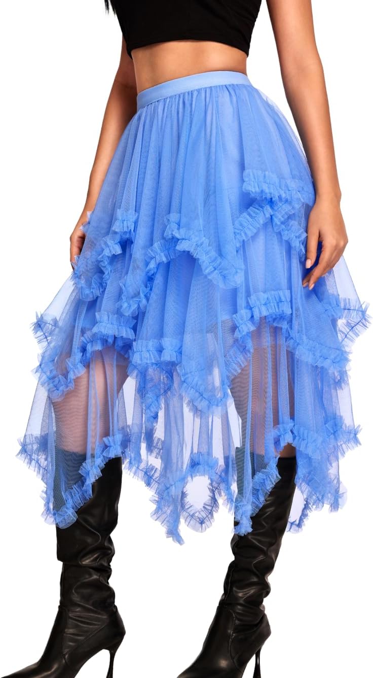 Kaei&Shi Long Tulle Skirt for Women - Asymmetrical Ruffle Style