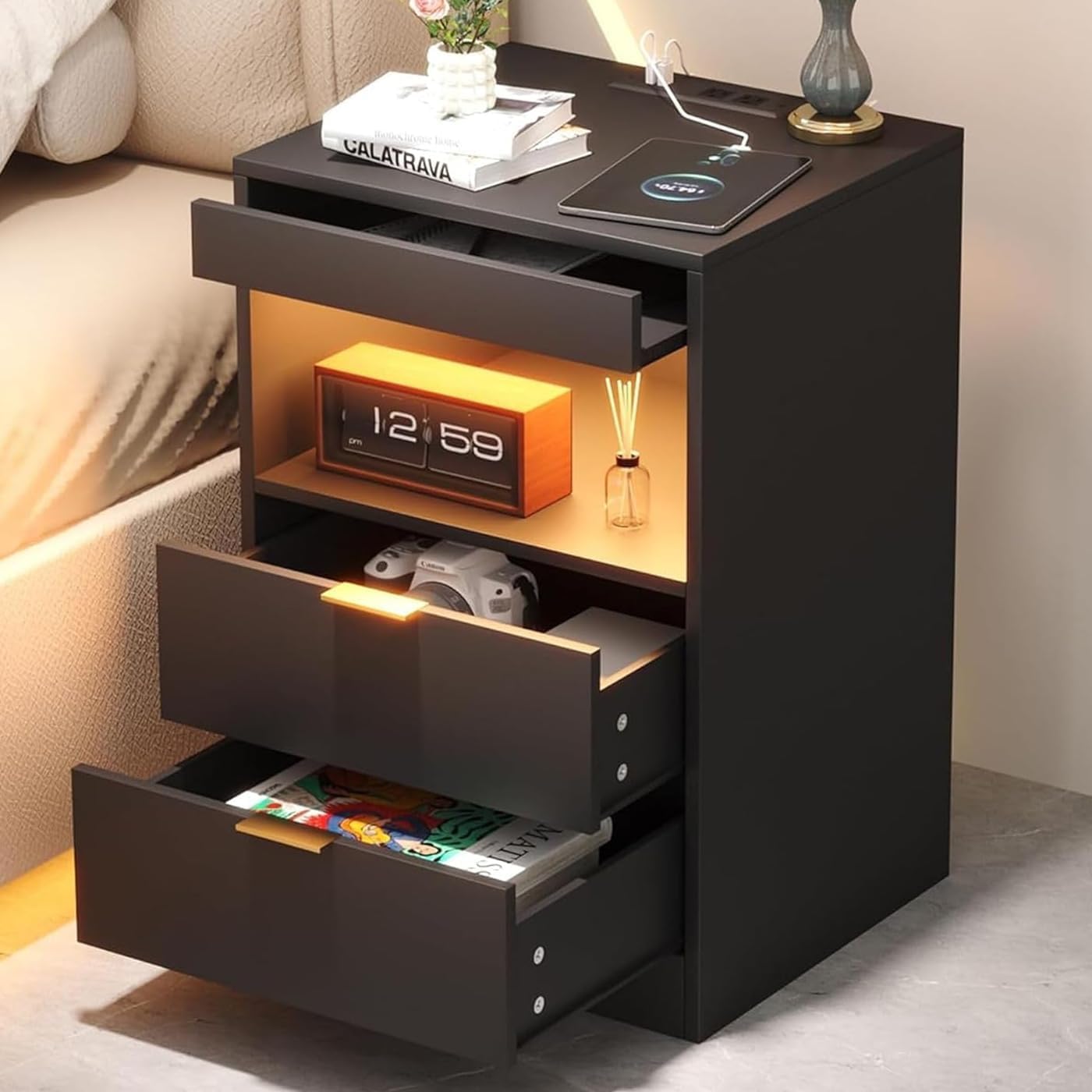 Yusong Night Stand with LED Light and Charging Station Features