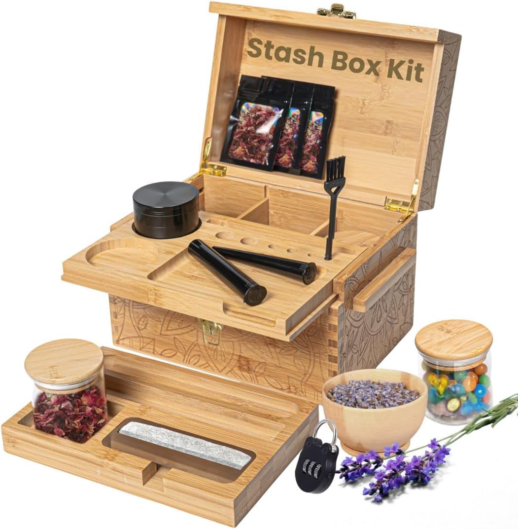 Stash Box Bamboo Storage Box with Combination Lock for Herbs