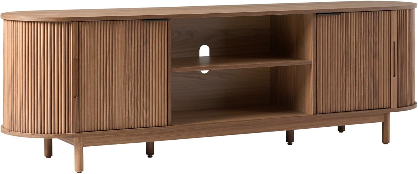 Modern Reeded TV Stand for 75 TVs, Sliding Doors, Mocha