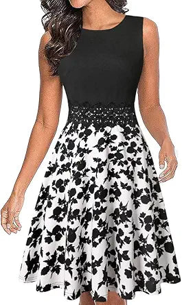 OWIN Women's Vintage Floral Lace Flared A-Line Swing Dress