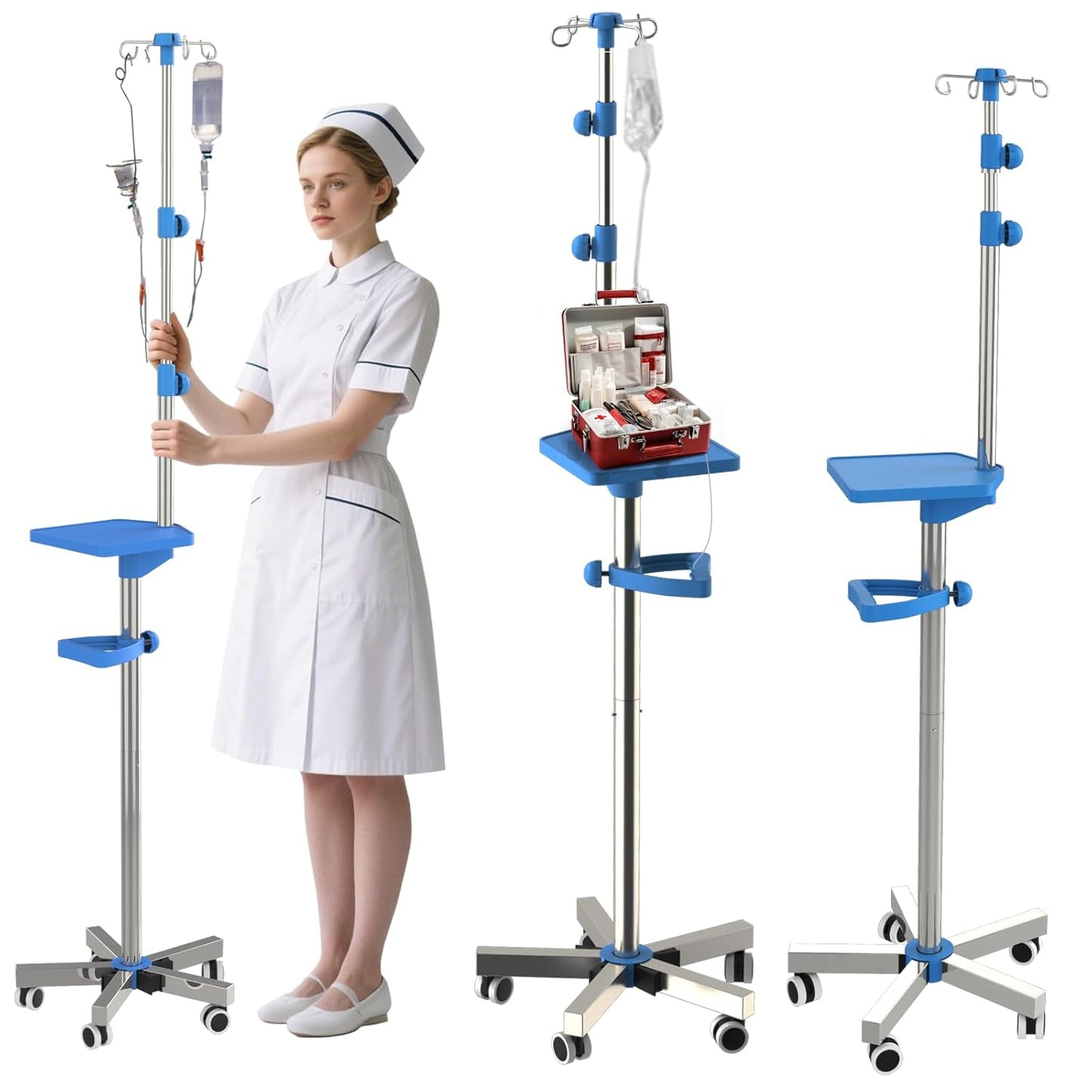 Height Adjustable IV Pole on Wheels for Hospital and Home Use
