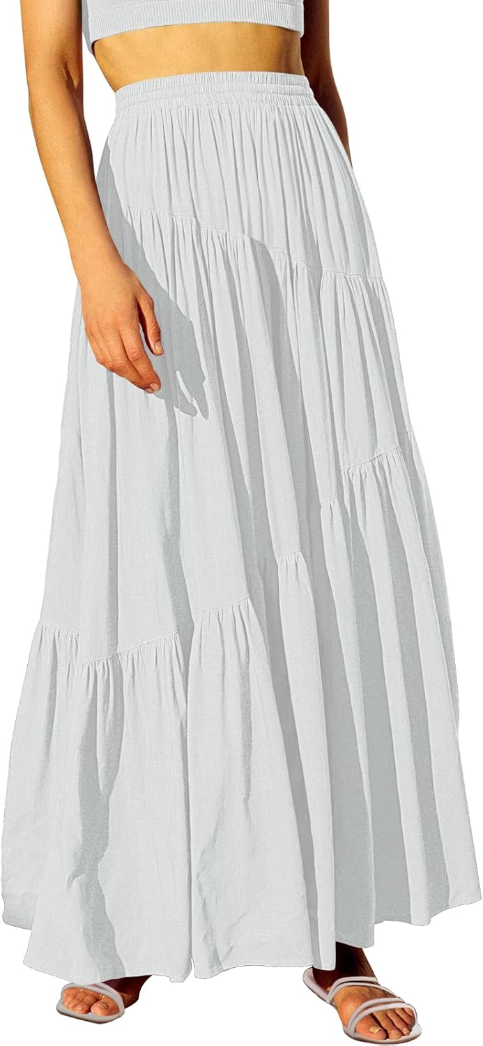 Womens Boho Elastic High Waist Pleated A-Line Maxi Skirt