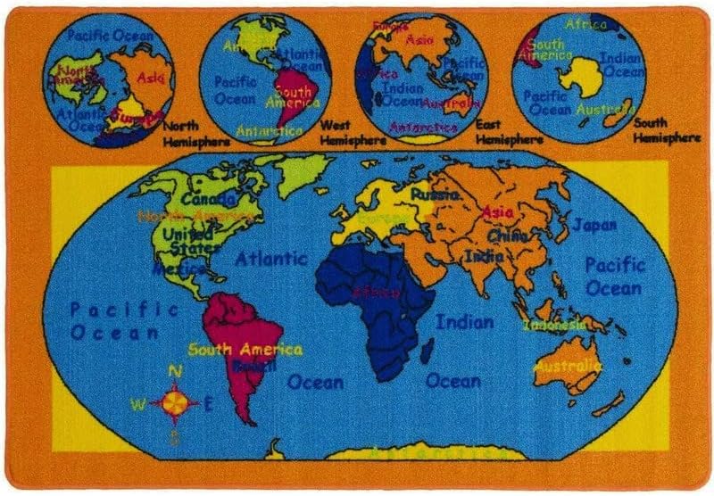 Kids Rug World Map Area Rug 5x7 Non Slip Gel Backing for Play