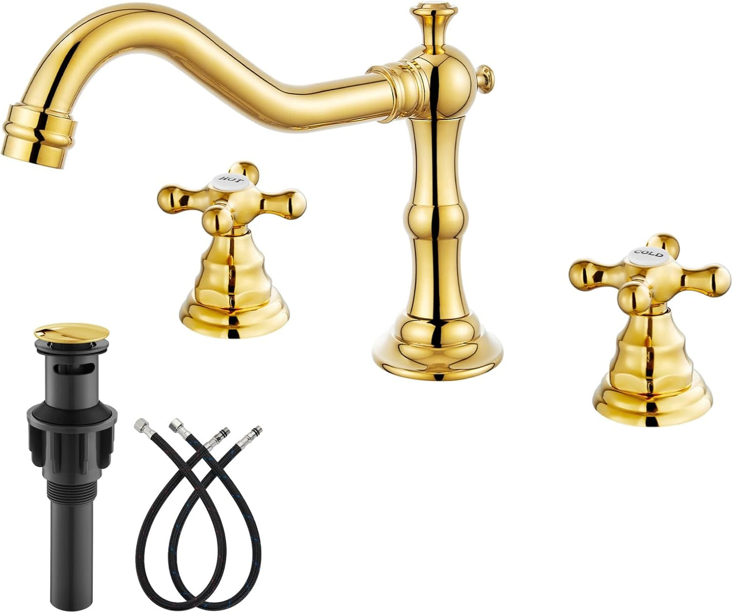 Polish Gold Widespread Bathroom Sink Faucet with Double Cross Knobs