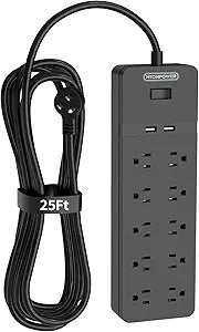 Flat Plug Extension Cord 25 Ft with 10 Outlets and USB Ports