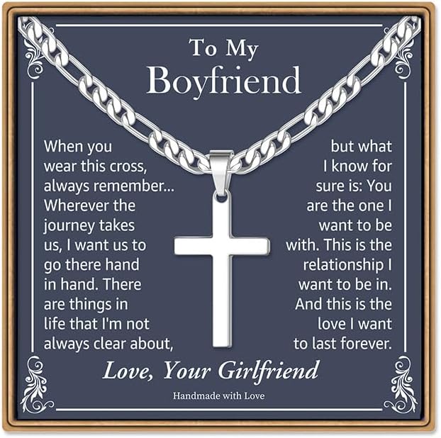 IEFLIFE Silver Figaro Chain Cross Necklace for Teen Boys Gifts