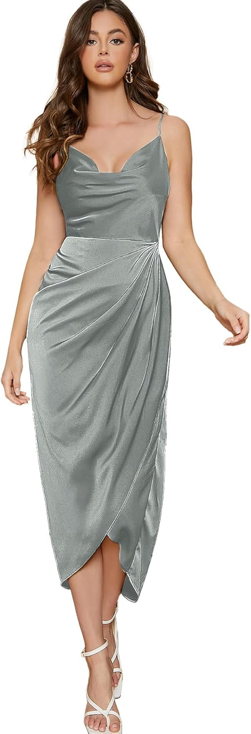 Floerns Women's Plus Size Satin Spaghetti Strap Cowl Neck Dress