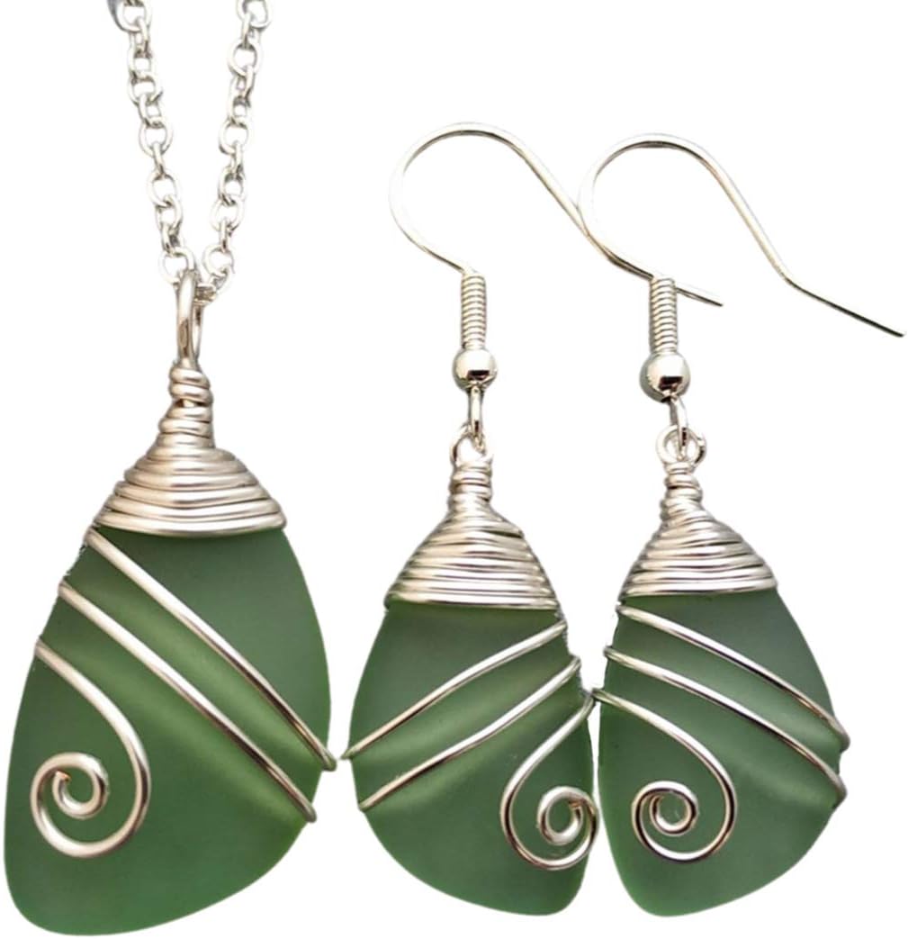 Handmade Sea Glass Necklace and Earrings Set for Women Gifts